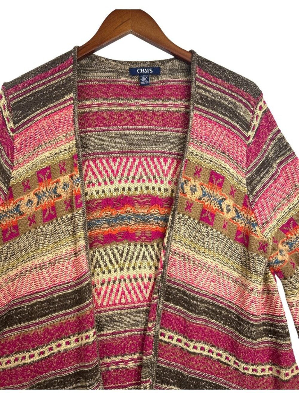 Chaps Multicolor Striped Open-Front Cardigan - Pink, Brown, Cream - Picture 3 of 9